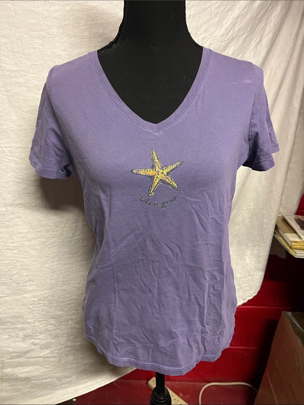 Life Is Good Lavender V-Neck Tee with Yellow Starfish Graphic